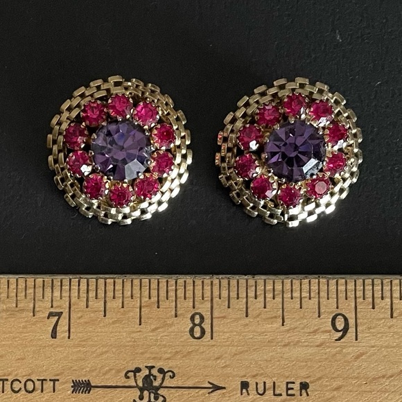 Vintage Weiss Rhinestone Earrings Pink and Purple Cocktail Clips - Picture 2 of 5